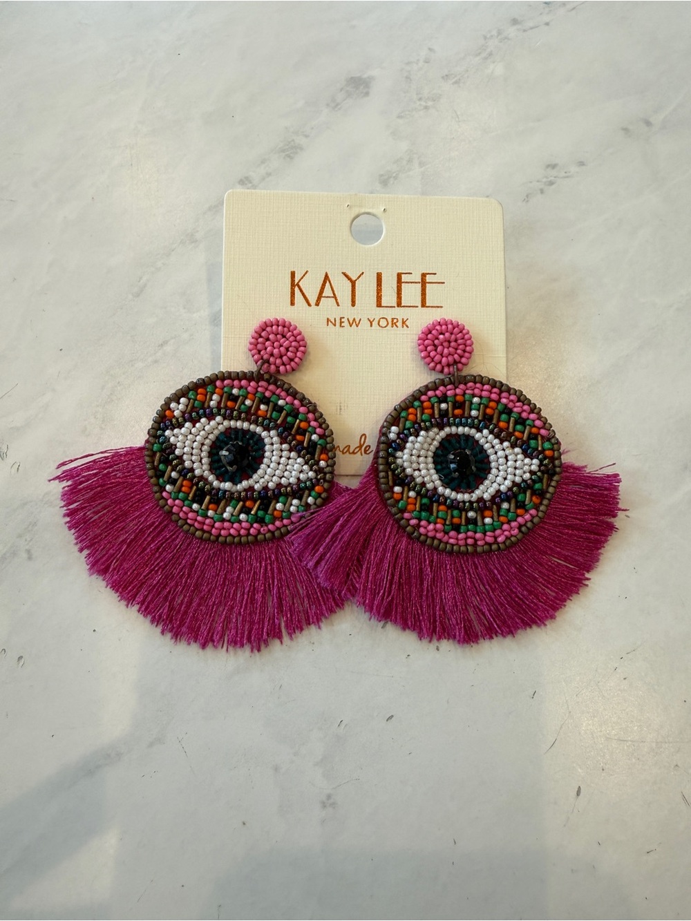 NWT Kay Lee New York Pink Beaded Evil Eye Fringe Statement Earrings Pink